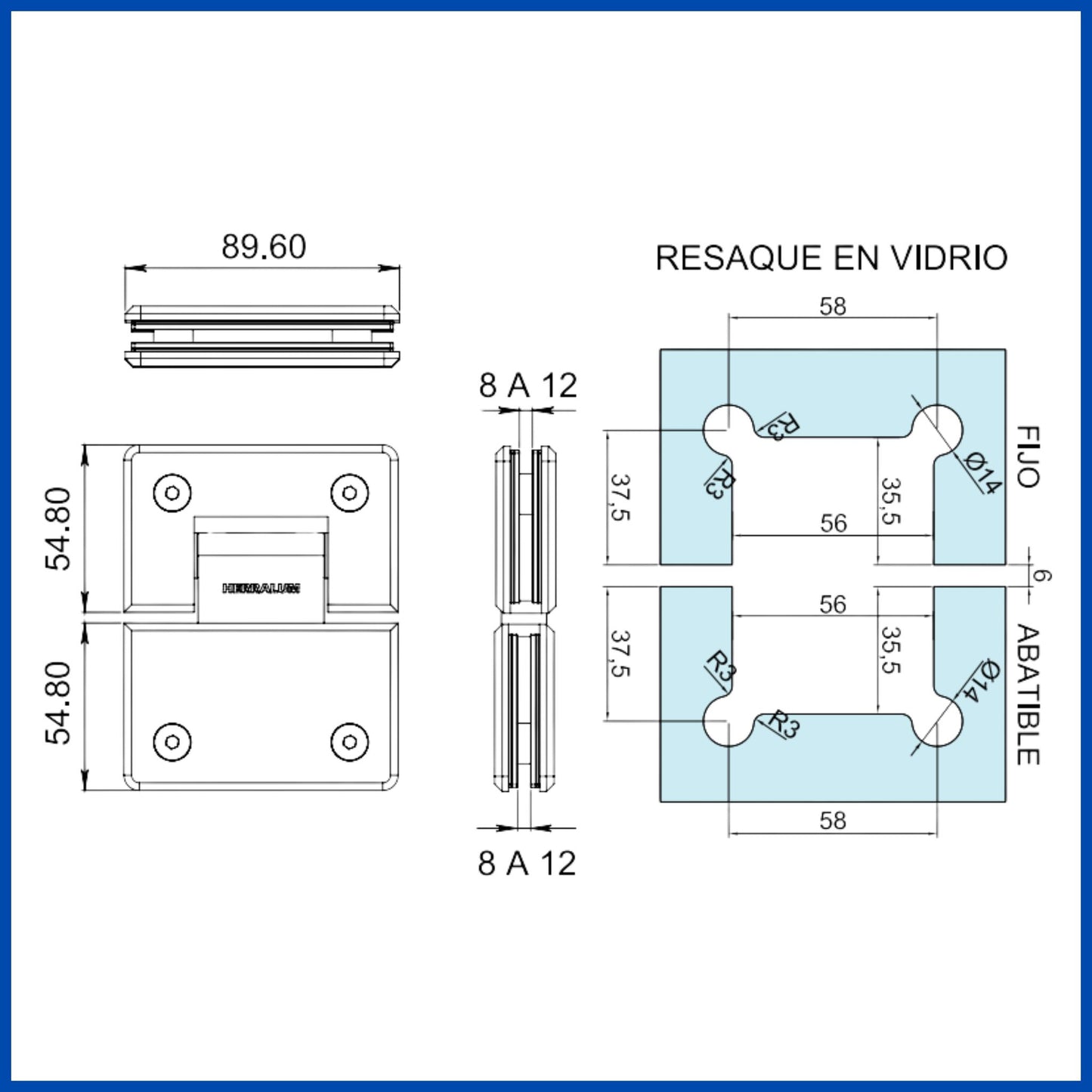 Bisagra vidrio a vidrio a 180°