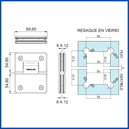 Bisagra vidrio a vidrio a 180°